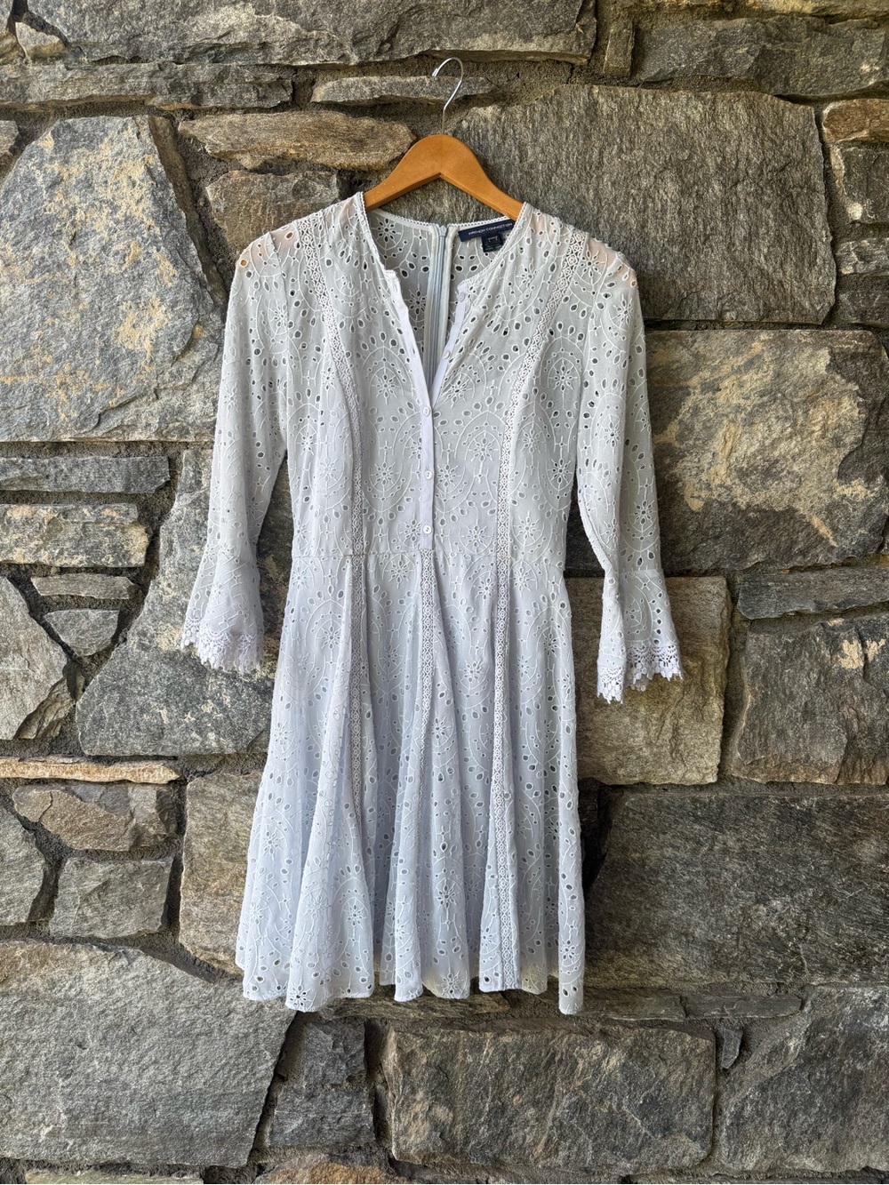 French Connection Pale blue  Eyelet Long-Sleeve Fit & Flare Dress